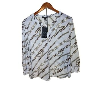 Como Black Blouse Womens L White NWT Equestrian Belt Chain Print Split Neck Top